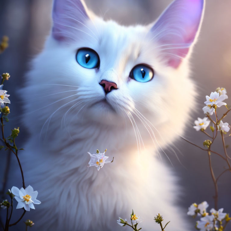 White Fluffy Cat with Blue Eyes Surrounded by White Flowers