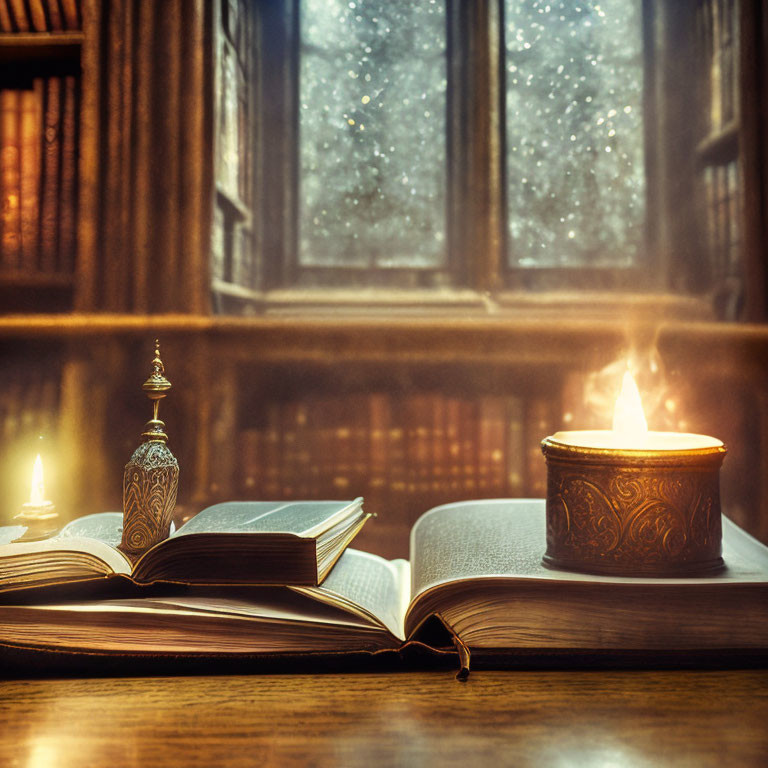 Vintage library scene with open book, lit candle, and snowy window