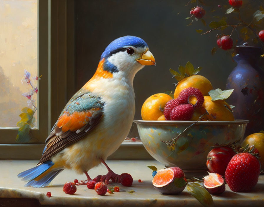 Colorful Bird with Blue Head and Orange Feathers Next to Bowl of Fruit in Sunlit Room