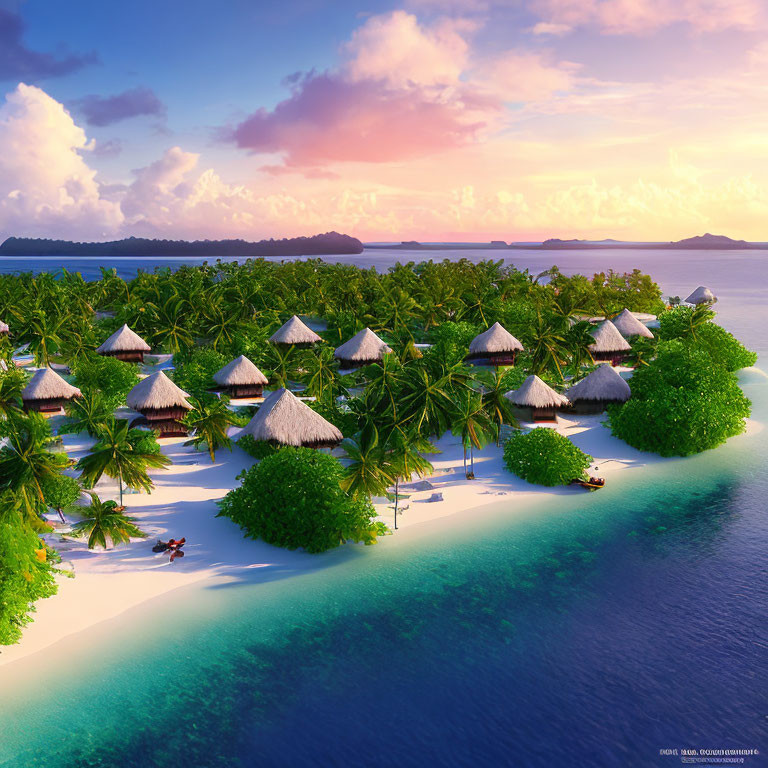 Thatched-Roof Bungalows on Tropical Island Beach