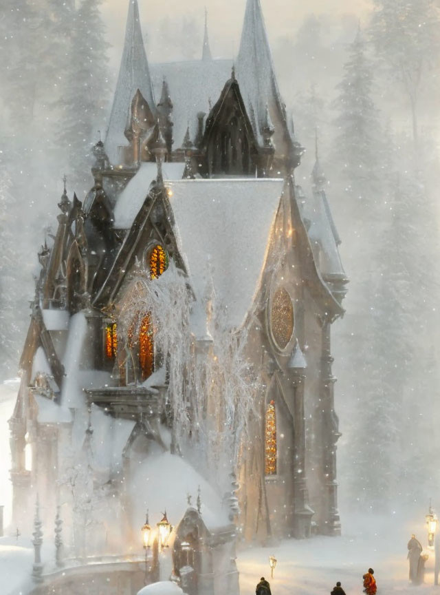 Snow-covered gothic chapel with warm glow and people walking nearby