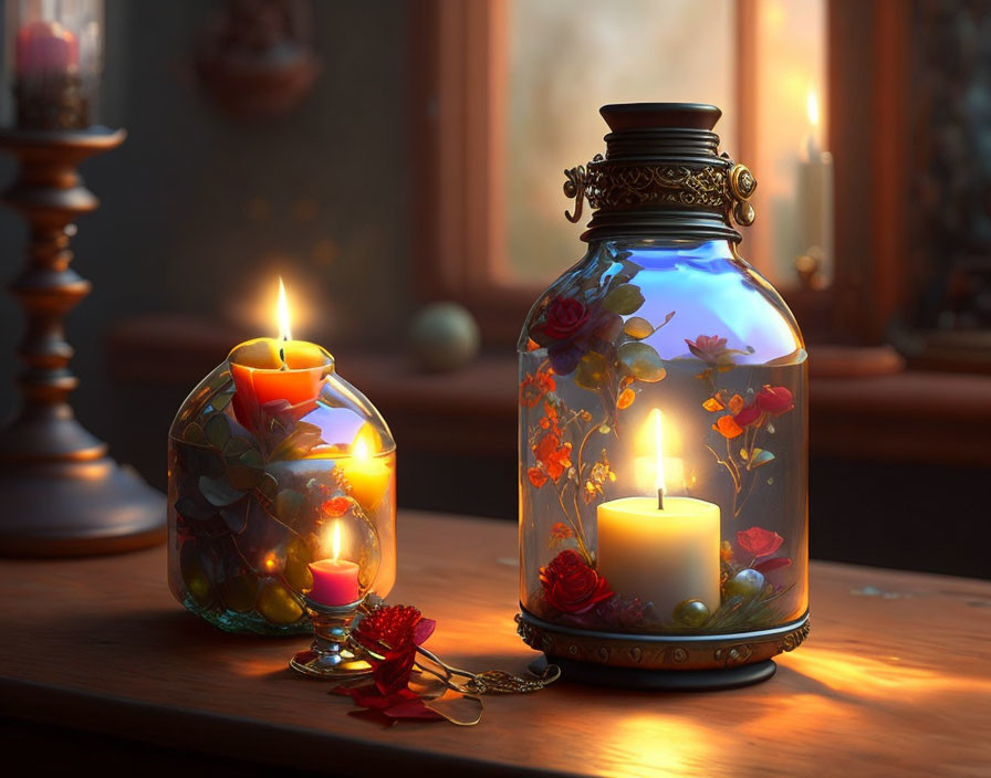 Floral Jar Candlelit Scene at Dusk