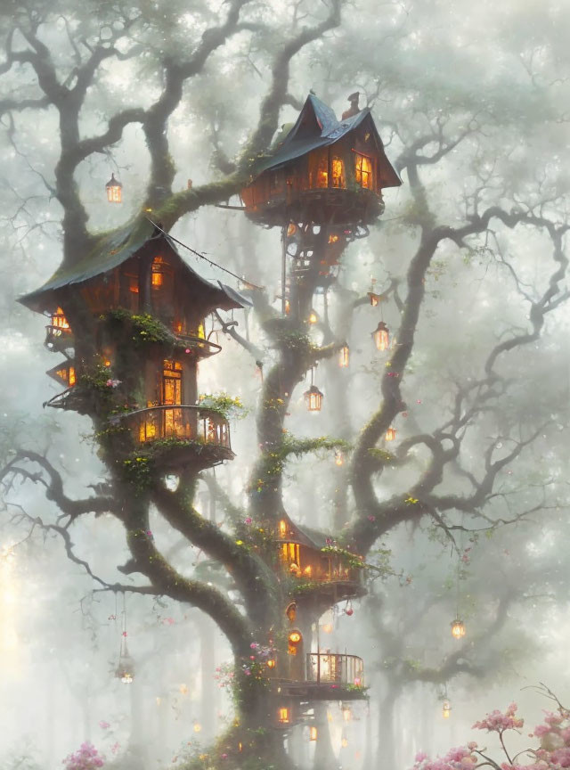 Enchanting treehouse in misty forest with warm lights