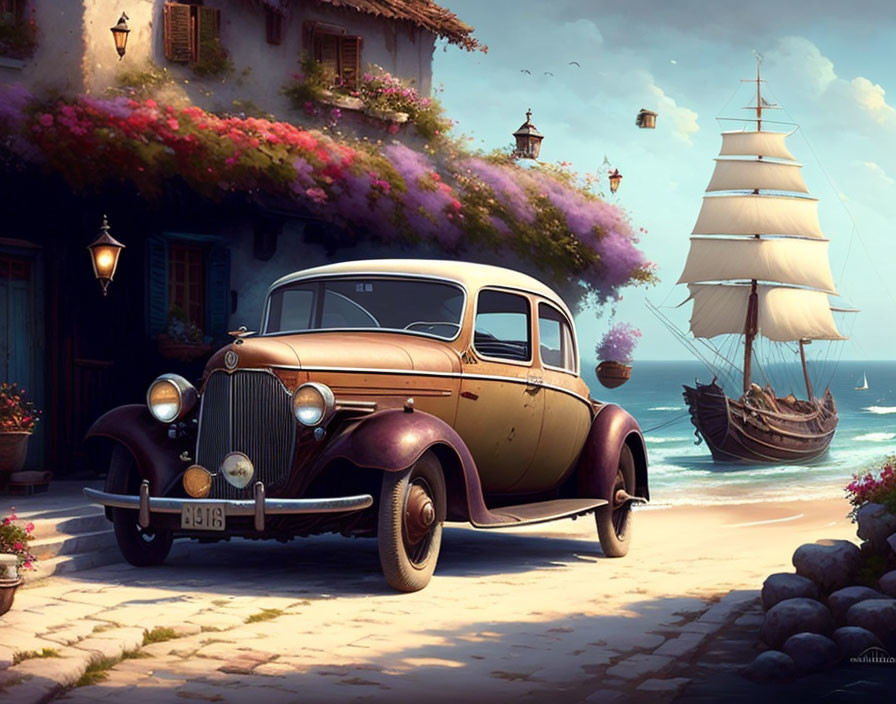 Vintage car by seaside street with tall ship, cottage with flowers, blue sky