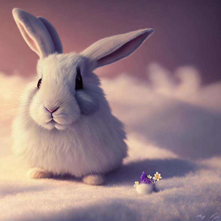 White fluffy rabbit with long ears on soft surface near delicate flowers in warm light