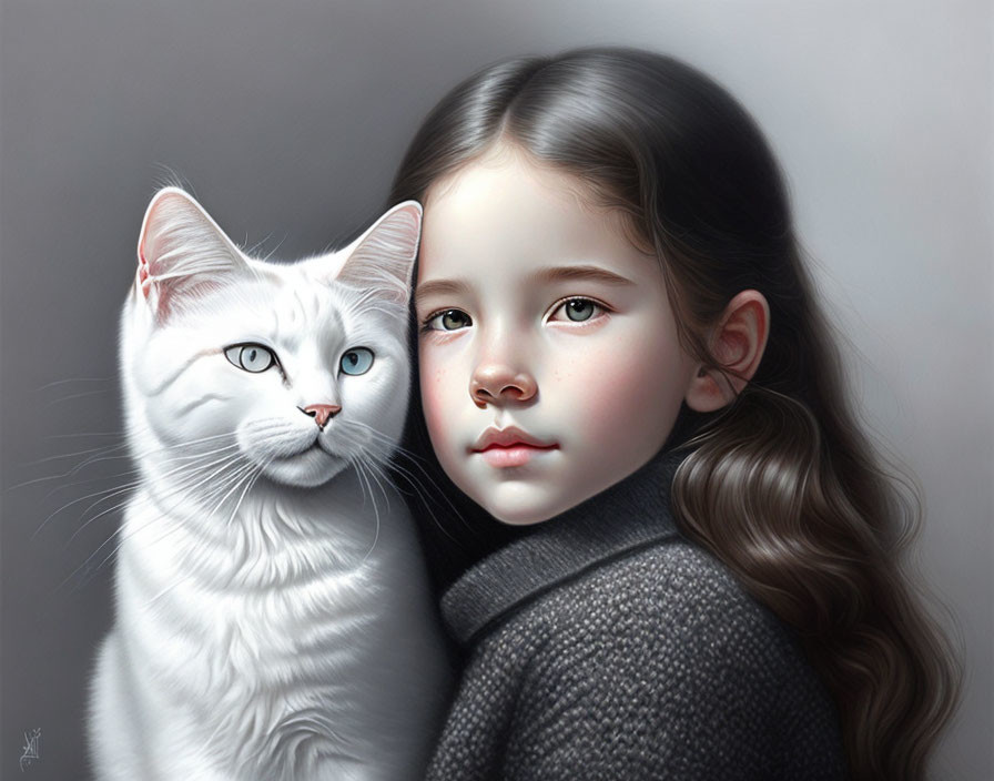 Young girl with long brown hair and grey sweater beside white cat with blue eyes