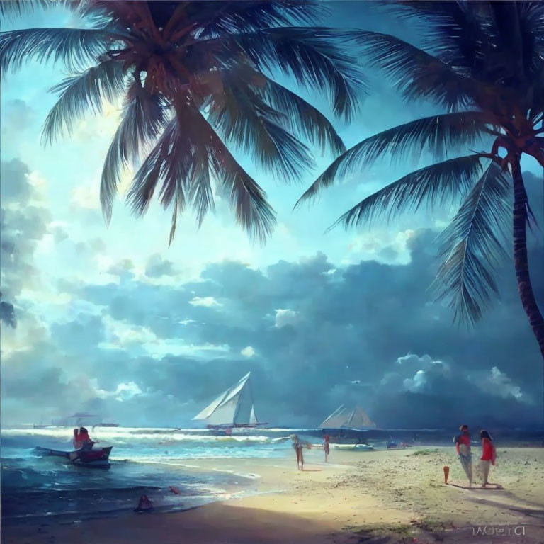 Tropical beach scene with palm trees, people, boat, and sailboats under cloudy sky