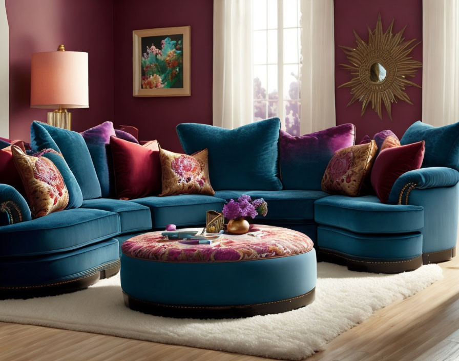 Sophisticated living room with deep blue sofas, vibrant pillows, round ottoman, plum walls,