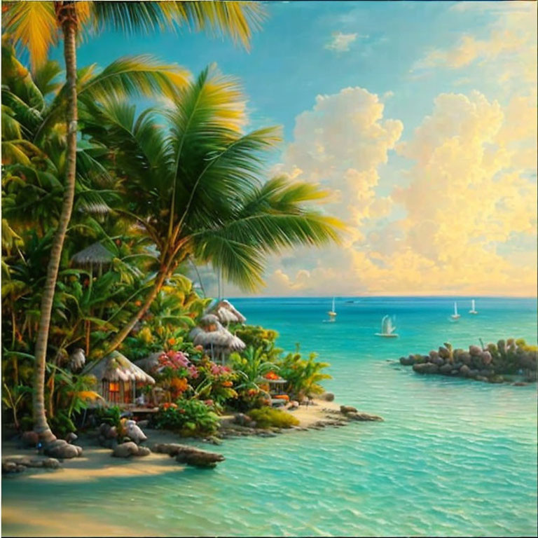 Tropical beach scene with palm trees, thatched huts, and sailboats