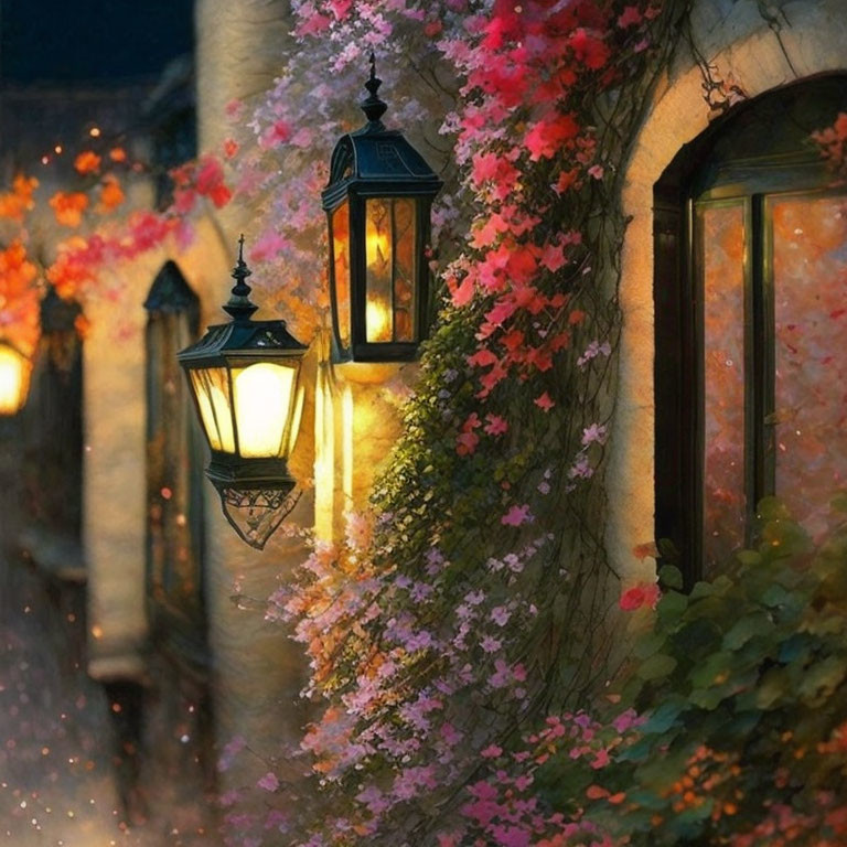 Twilight scene: Street lamps and foliage on cobblestone alley