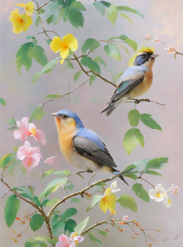 Colorful Birds on Flowering Branches with Yellow and Pink Blossoms