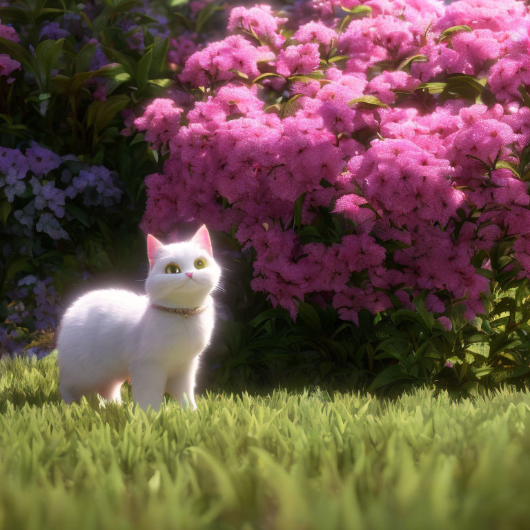 Fluffy white cat with yellow collar in garden setting