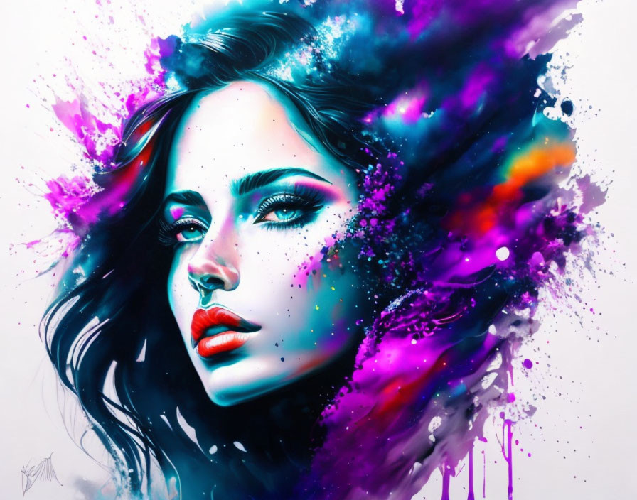 Colorful digital artwork of woman with cosmic colors merging into dark hair