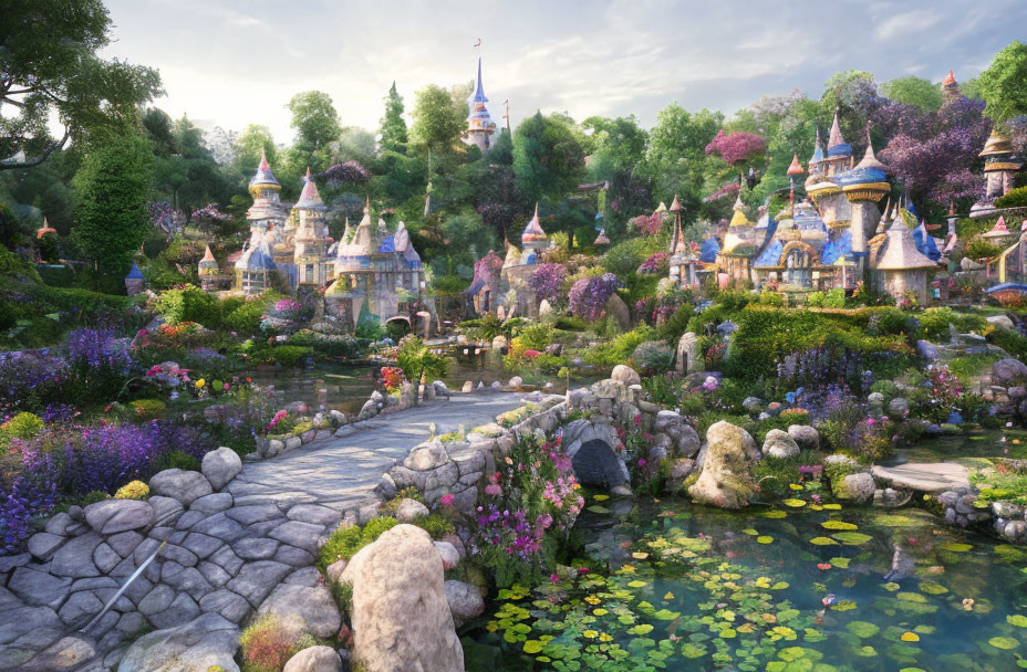 Enchanting fairytale landscape with castles, bridge, pond, greenery, and flowers