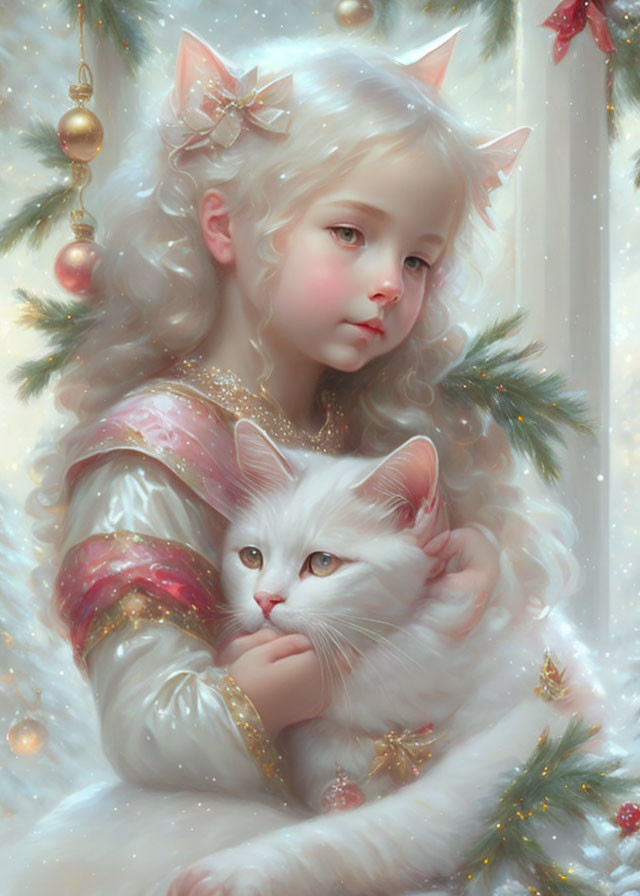 Young girl with cat ears holding white cat in Christmas setting with golden accents