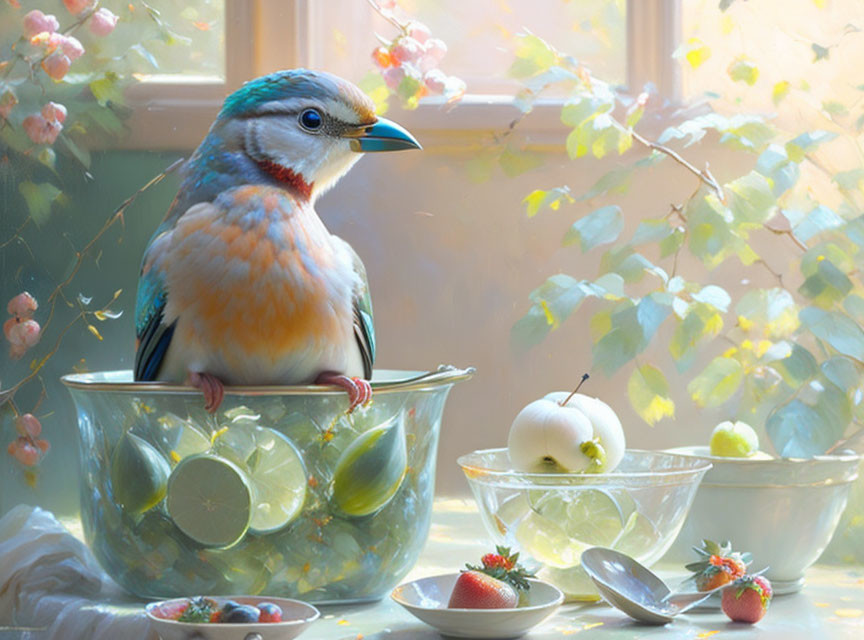 Colorful Bird on Glass Bowl Among Fruits in Sunny Window