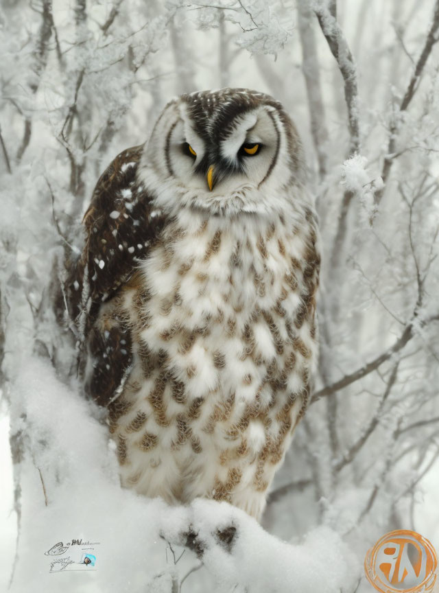 Snowy Owl with Yellow Eyes Perched on Frosty Branch