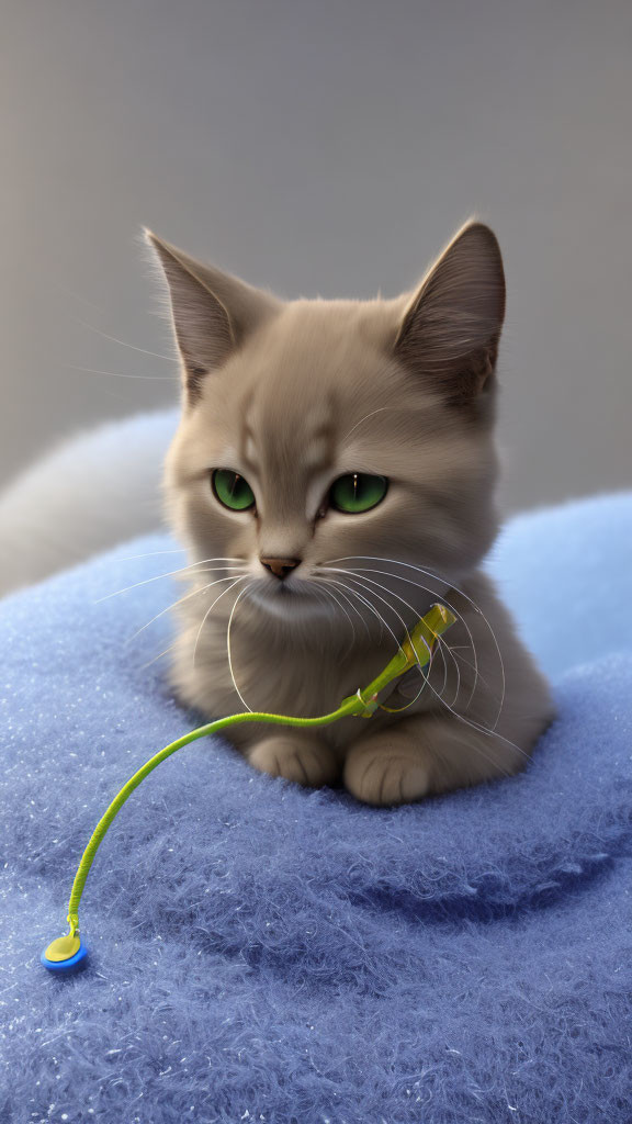 Fluffy gray cat with green eyes on blue surface with green cord nearby