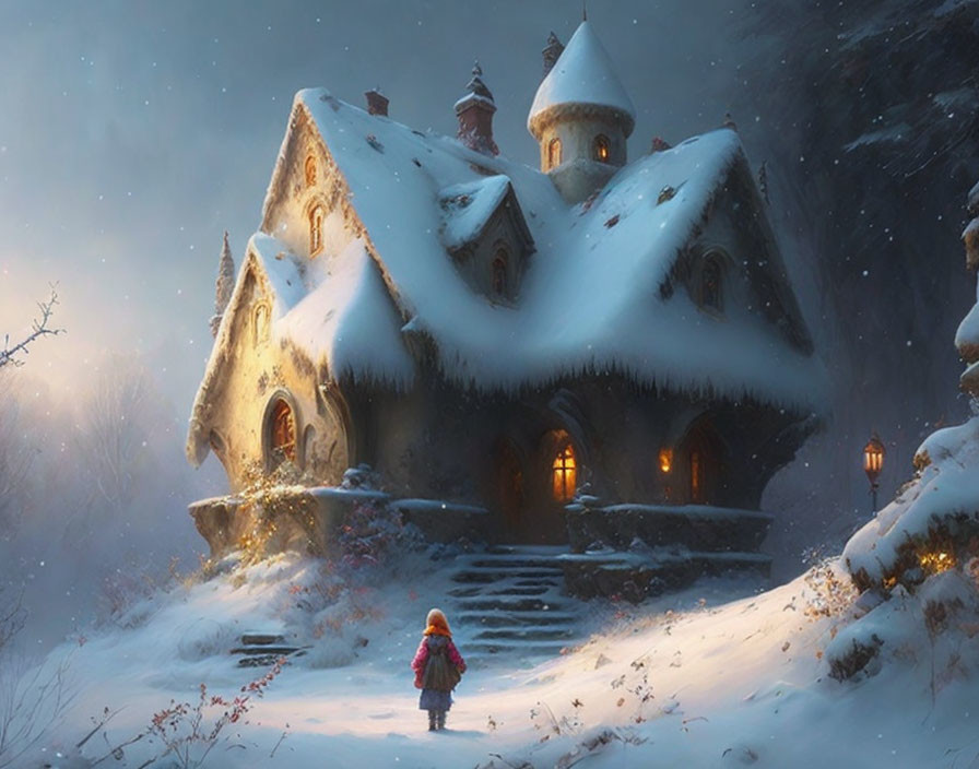 Snow-covered fairy-tale cottage in serene snowy landscape at dusk or dawn