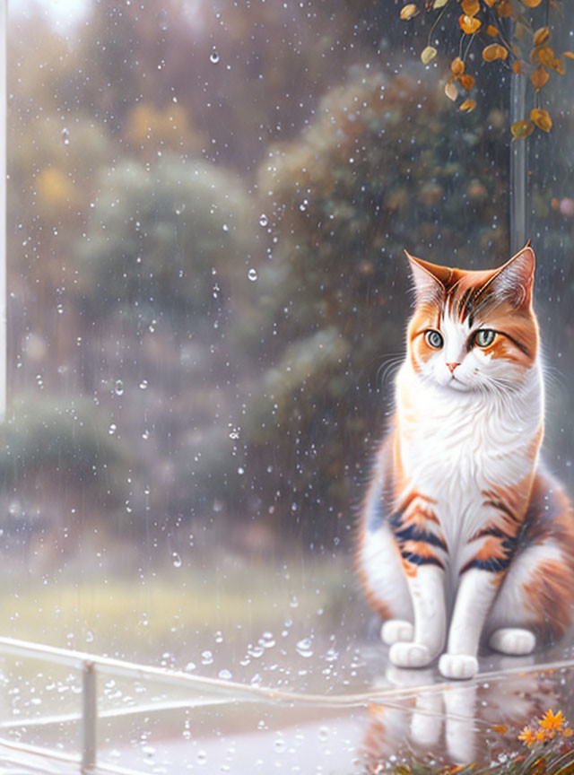 Contemplative orange and white cat by rainy window with autumn backdrop