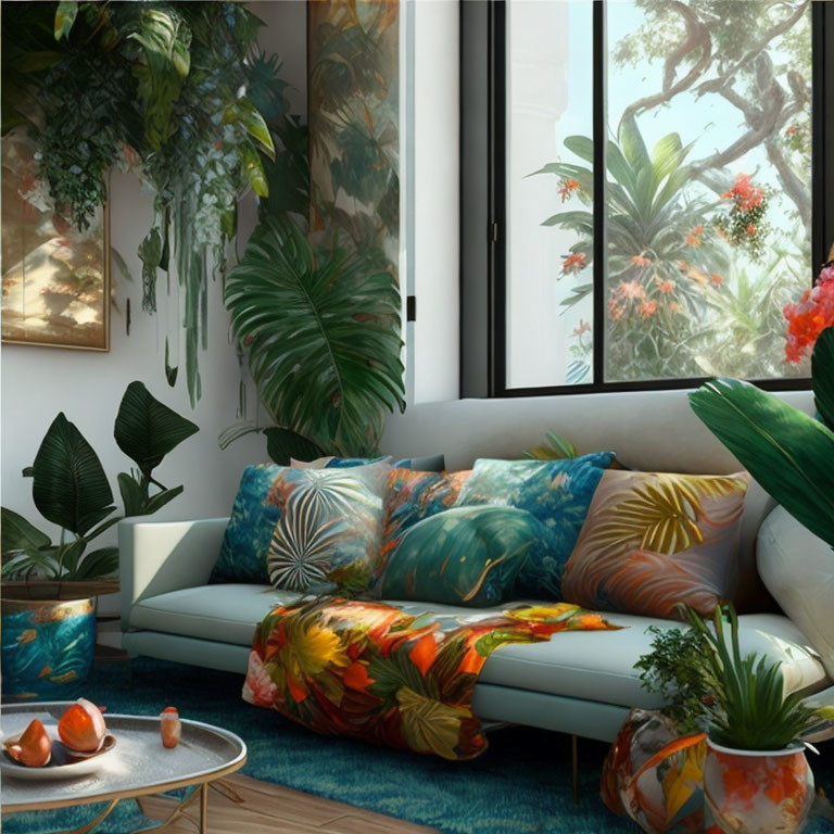 Plant-filled cozy corner with tropical sofa and coffee table