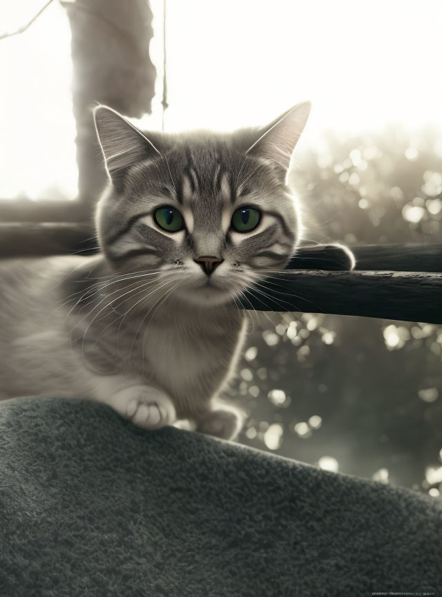 Grey and White Cat with Green Eyes Resting on Plush Surface