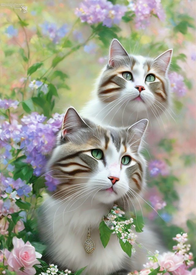 beautiful cats with spring flowers