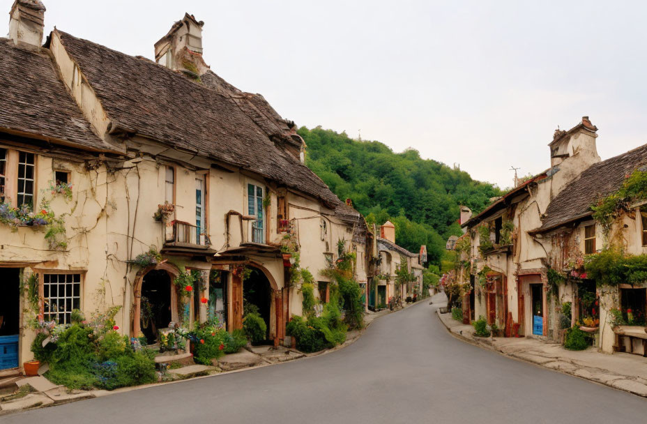 Traditional houses with colorful shutters on quaint village street