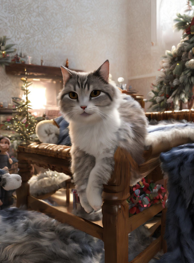 Fluffy cat on wooden chair in cozy Christmas setting