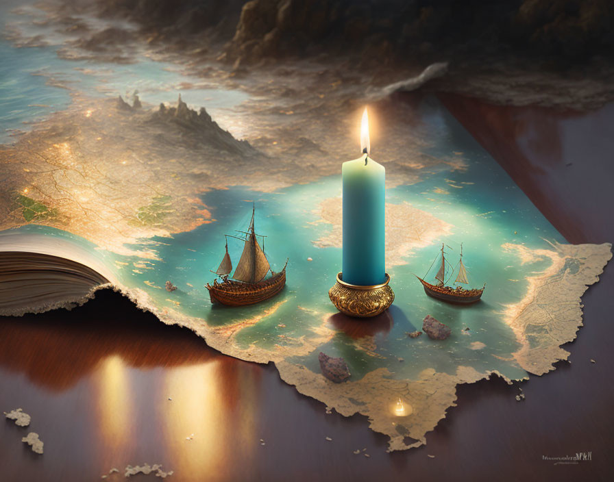 Fantasy scene with open book, map, ships, and lit candle