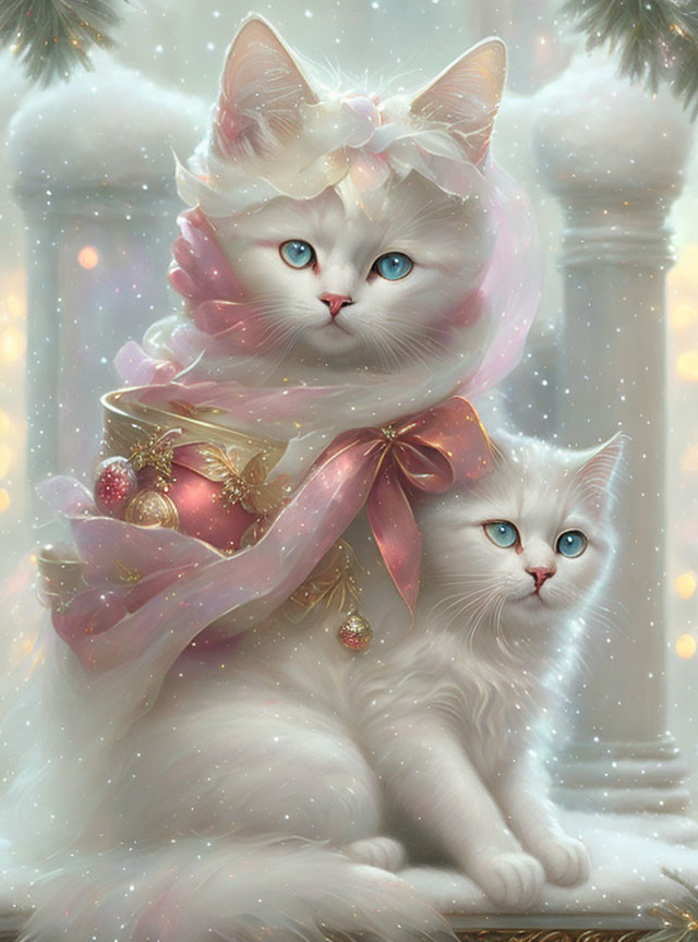 Two White Fluffy Cats with Blue Eyes in Snowy Setting with Festive Decorations