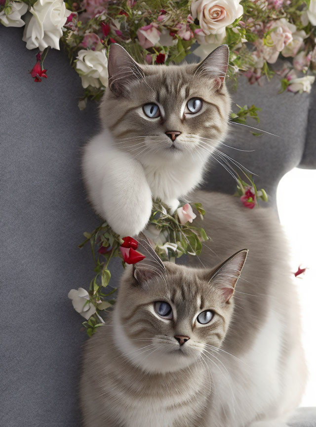 Siamese Cats with Blue Eyes Among White and Pink Roses