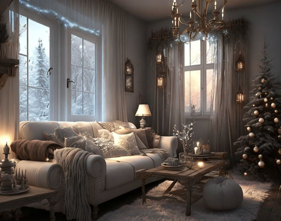 Winter living room with sofa, Christmas tree, and snowy view.