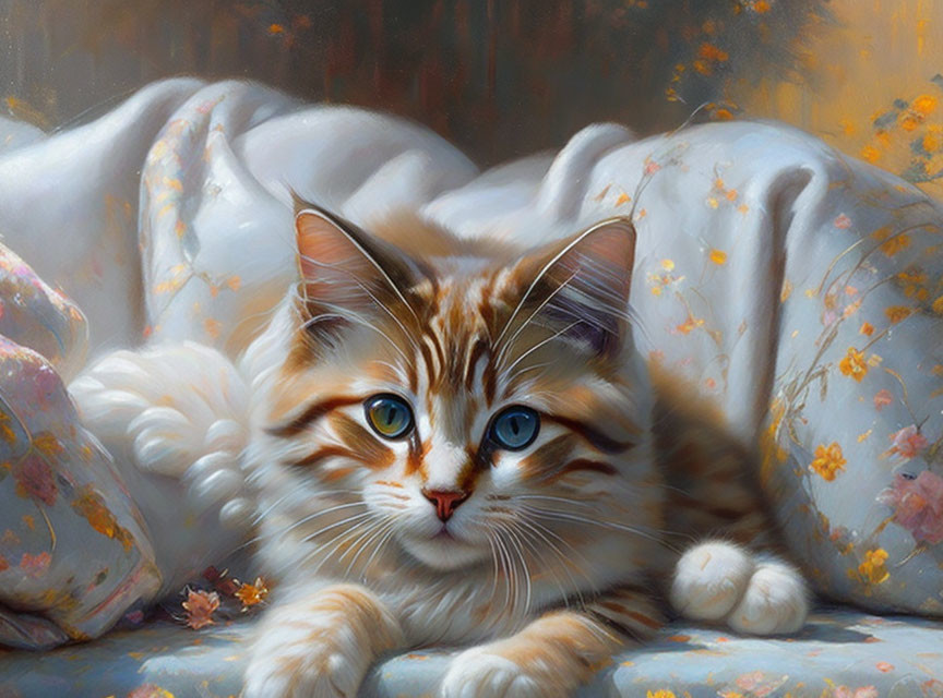 Fluffy Orange and White Cat with Blue Eyes on Floral Fabric