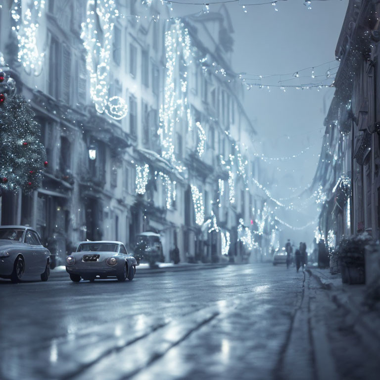 Festive Christmas decorations on wintry city street at dusk