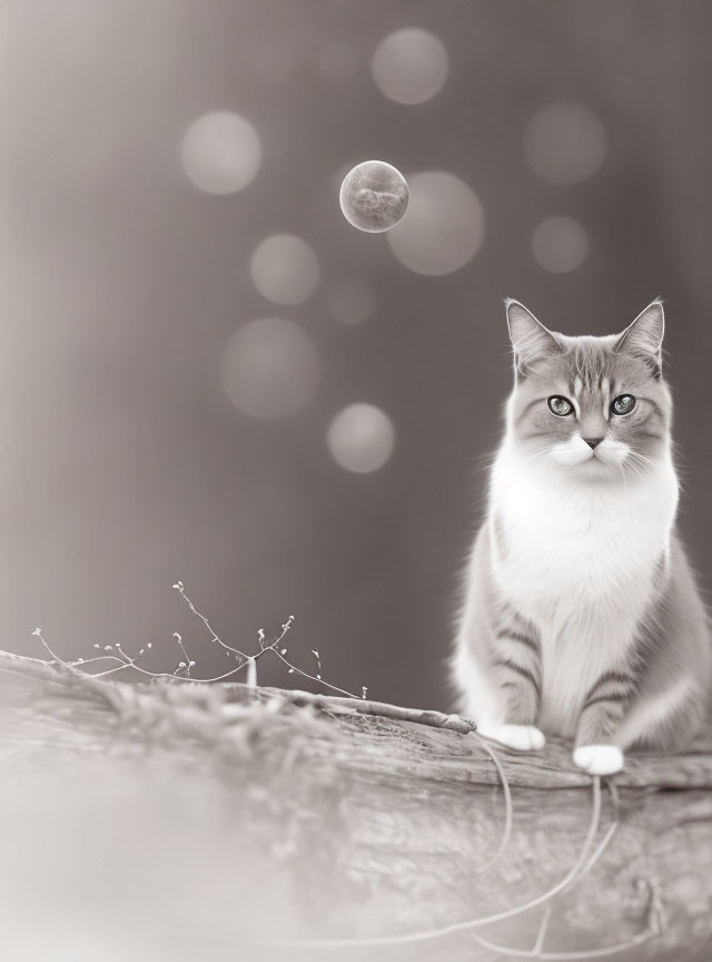 Grayscale cat on wooden surface with moon and bokeh lights.