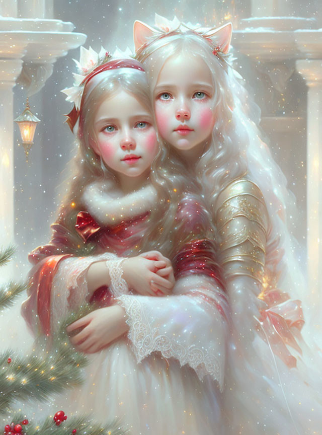 Digital Artwork: Young Girl and Cat-like Creature Embraced by Christmas Tree