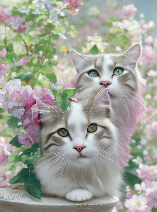 Two White Cats with Blue Eyes Surrounded by Pink Flowers