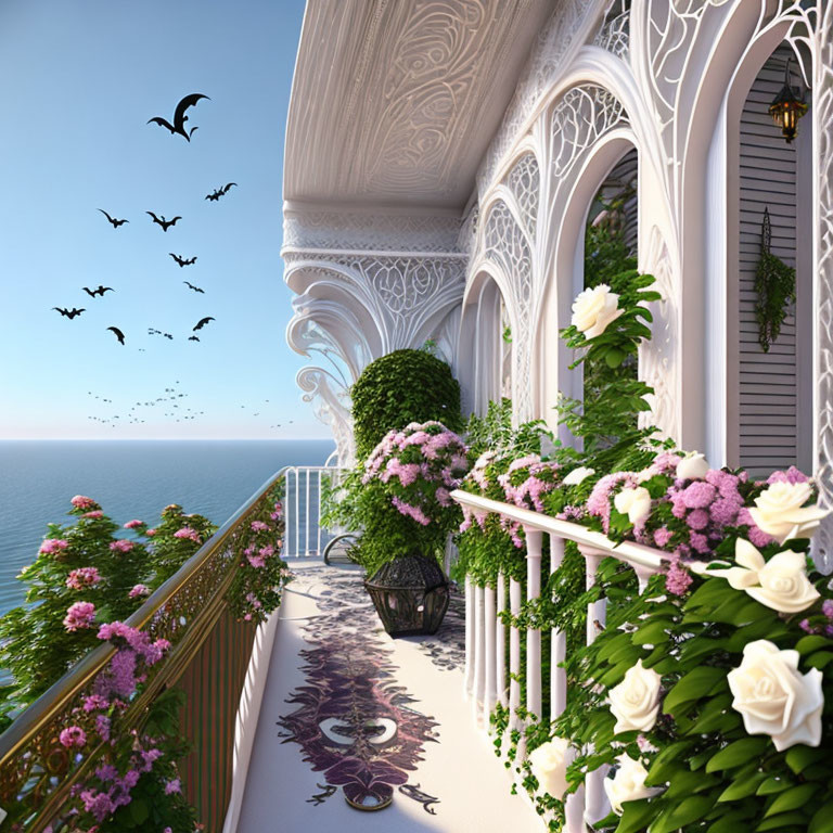 Luxurious balcony with ornate railings, sea view, and birds in the sky.