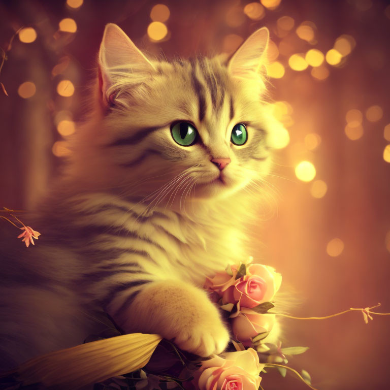 Fluffy Cat with Green Eyes Surrounded by Flowers and Warm Lights