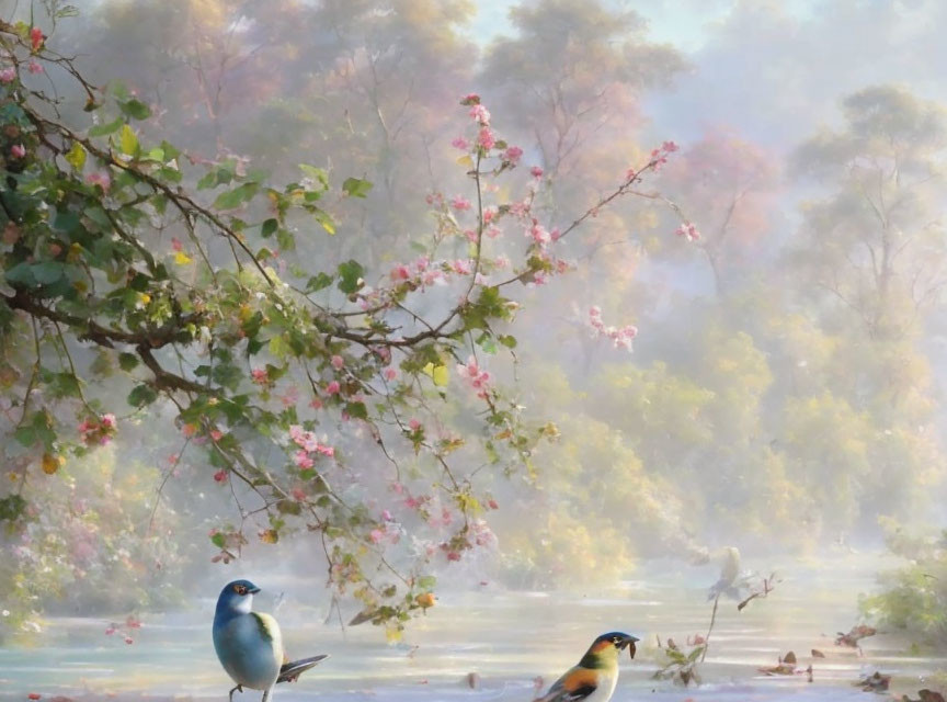 Colorful birds near pink blossoms in misty forest scene.