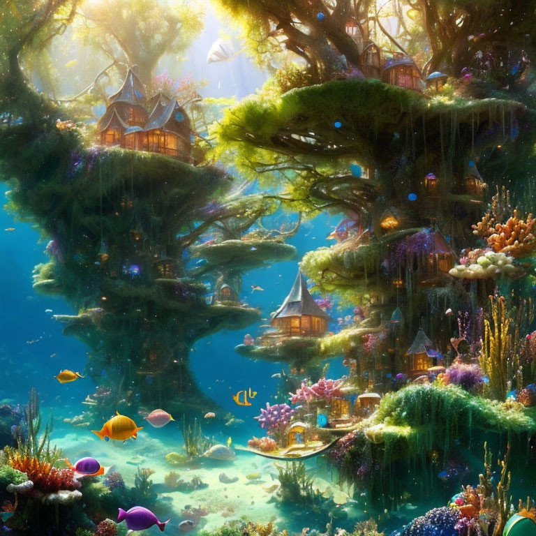 Vibrant coral and colorful fish in dreamlike underwater scene