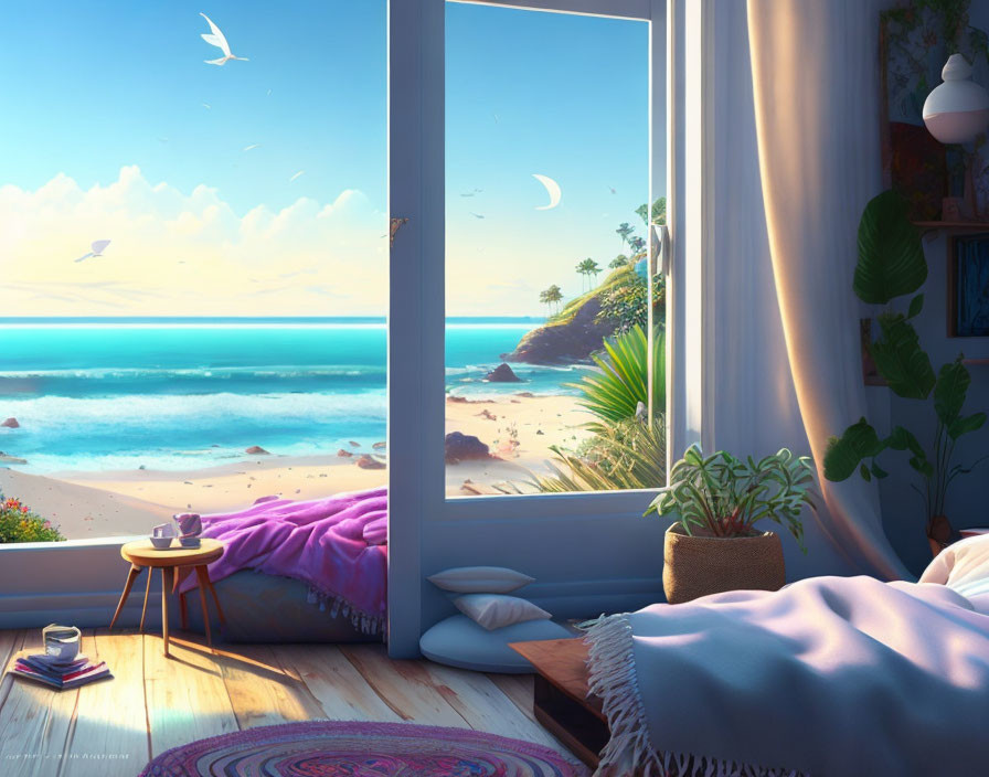 Tranquil bedroom with tropical beach view, bed, book, and plants