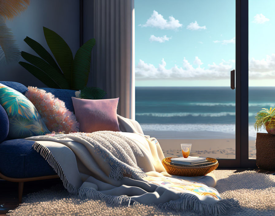 Seaside Room with Plush Sofa, Tropical Plants, and Beach View