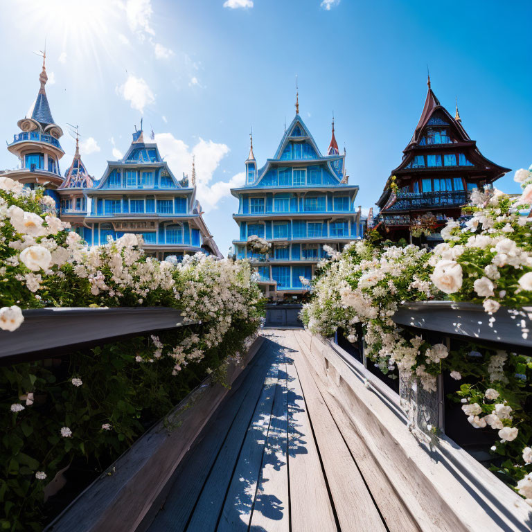 White Rose-Lined Wooden Walkway to Blue Castle-Like Building