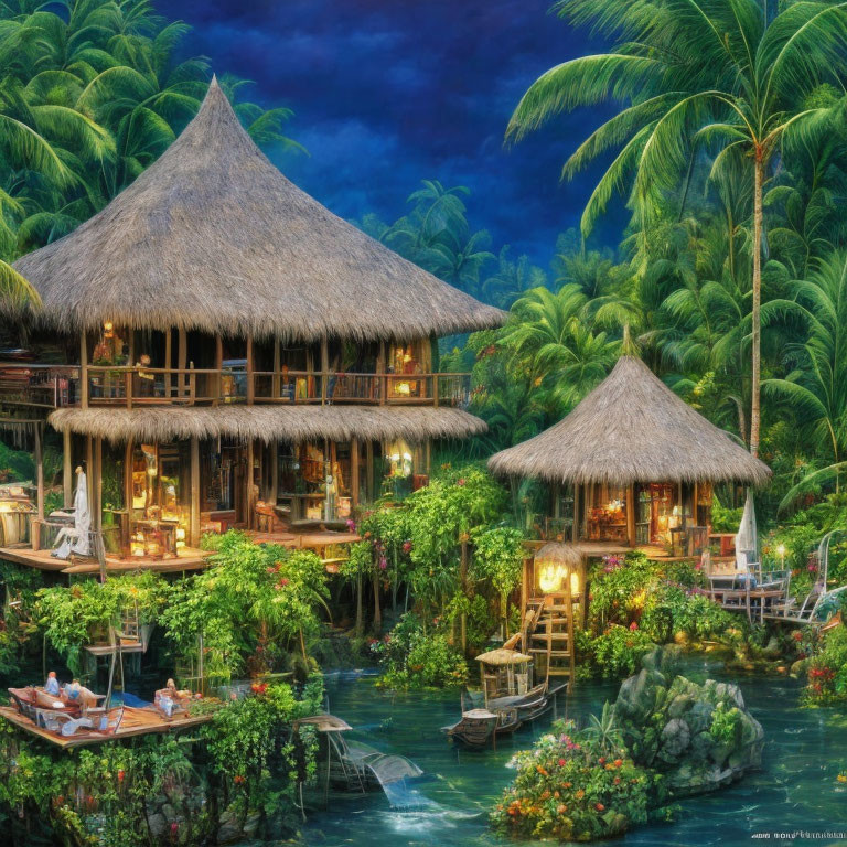 Tropical Resort with Thatched-Roof Buildings and Serene Waterside at Dusk