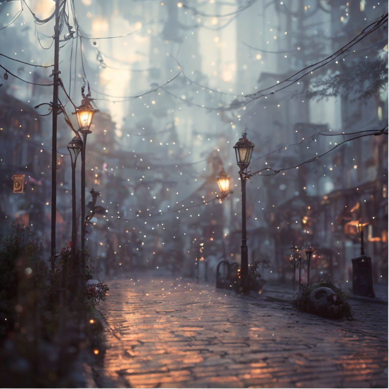 Vintage lamps illuminate rainy cobblestone street at dusk