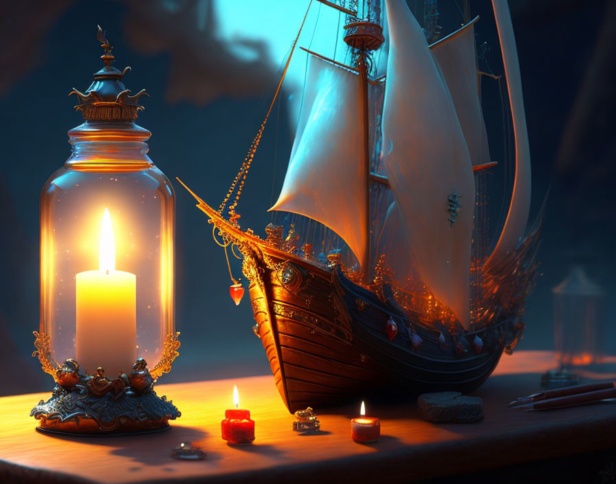 Model ship with illuminated sails and burning candle in ornate jar, creating cozy ambiance