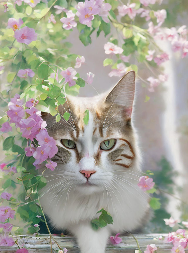 Tabby Cat with Green Eyes Among Pink Flowers