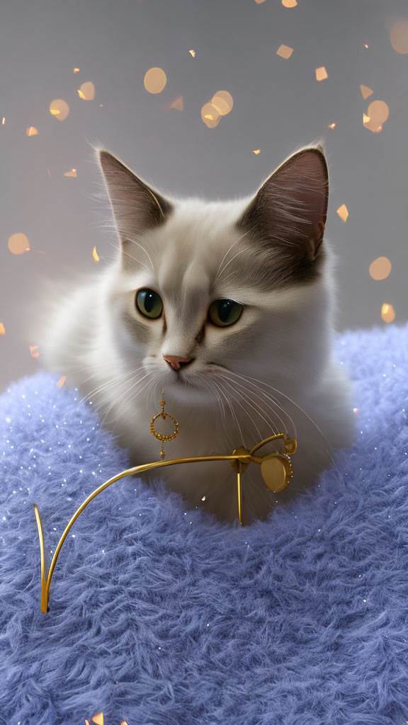 White Cat with Grey Ears Resting on Fluffy Blue Surface Near Golden-Framed Eyeg